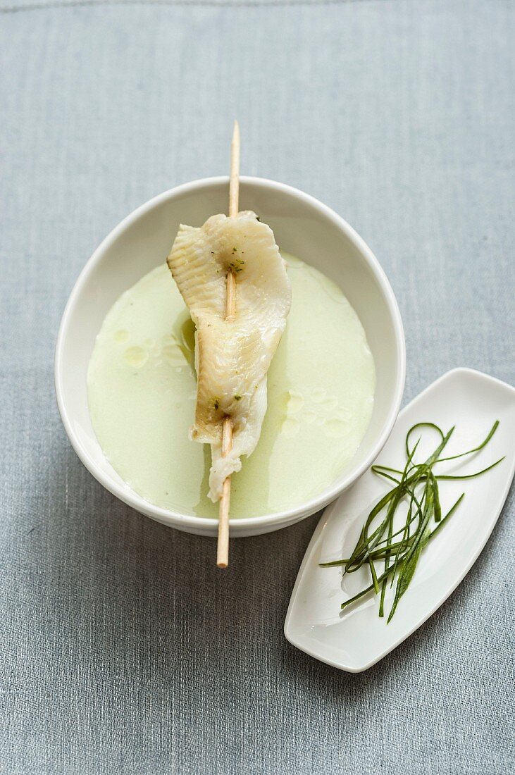 Cold cucumber and yoghurt soup with Baltic sea turbot