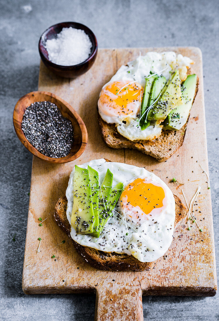 Toast with avocado, fried eggs and chia seeds