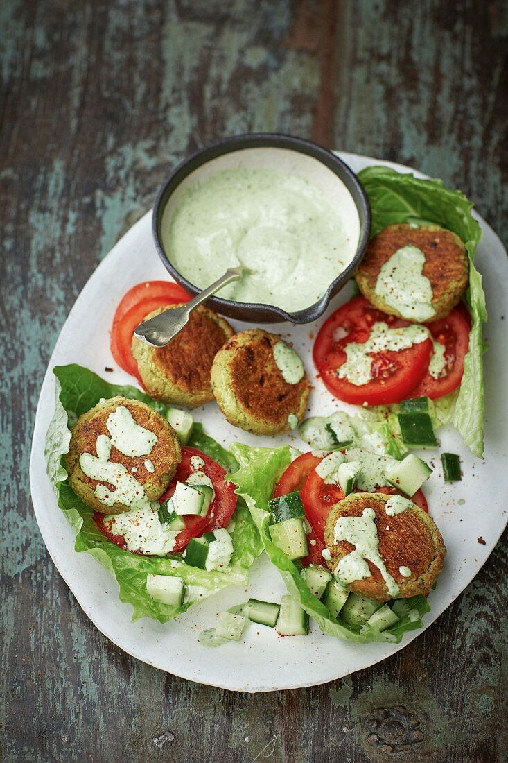 Green falafel with a coriander dip