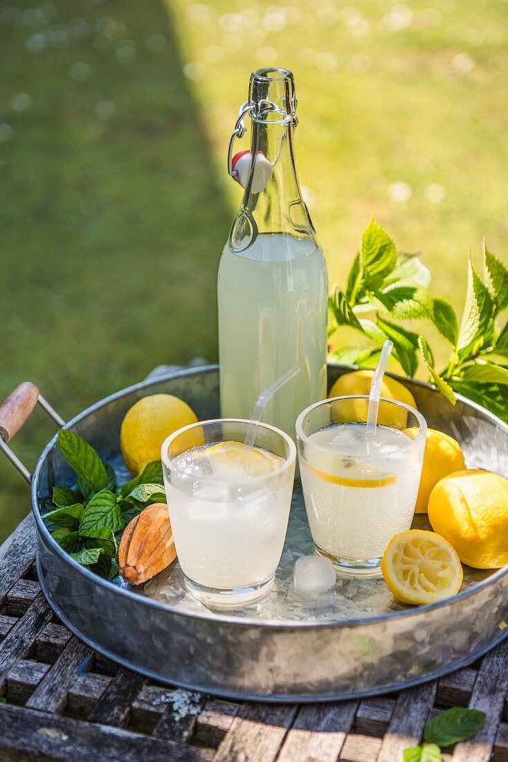 Selbstgemachte Zitronenlimonade auf Tablett und Tisch im Freien