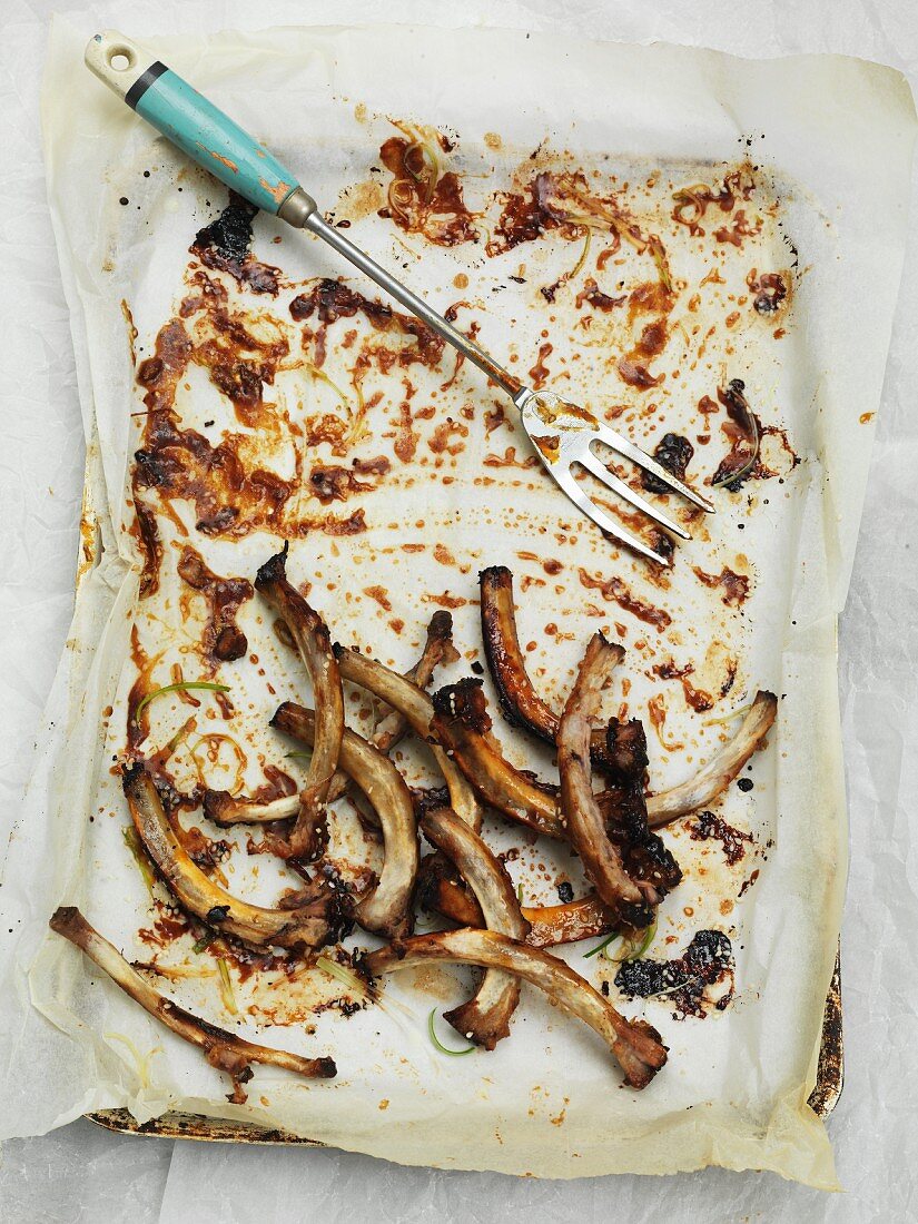 The bone leftovers of sticky ribs on paper