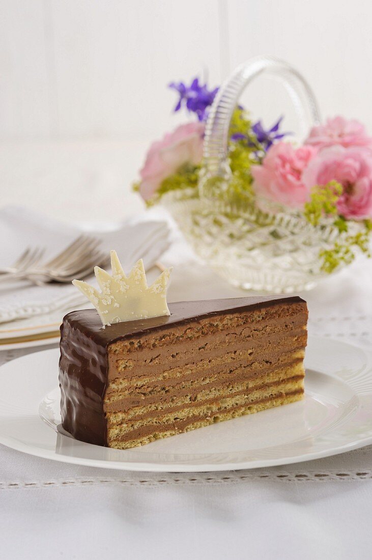 A piece of Princeregententorte (Bavarian chocolate sponge cake)