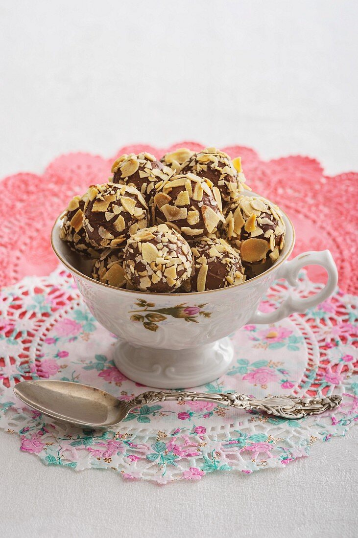 Baileys chocolate pralines with chopped almonds