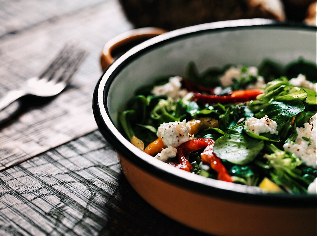 Lamb's lettuce with ricotta and peppers (seen from above)