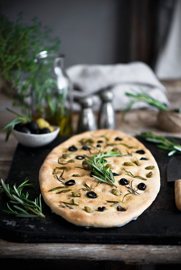 Meditteranean flatbread with olives and rosemary