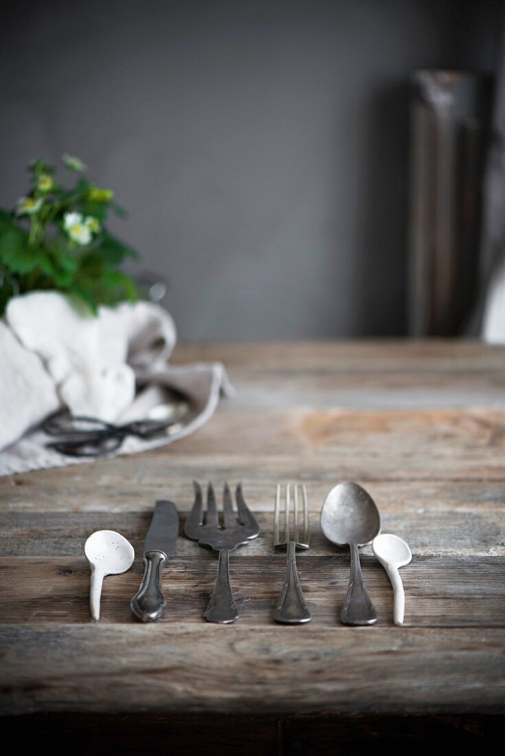 Vintage cutlery in a row on a rustic wooden table