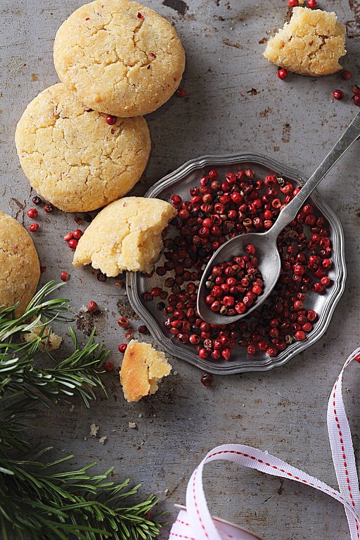 Gluten-free rice biscuits with red peppercorns