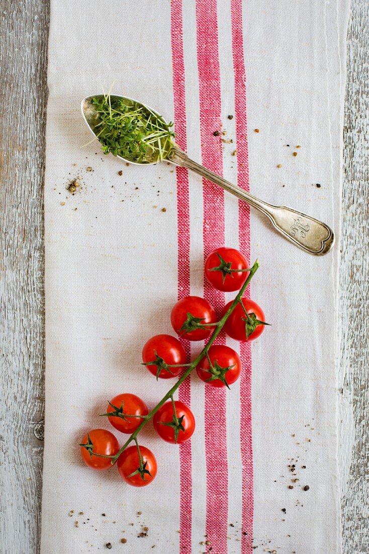 Cocktailtomaten an der Rispe und Löffel mit Kresse auf Geschirrhandtuch