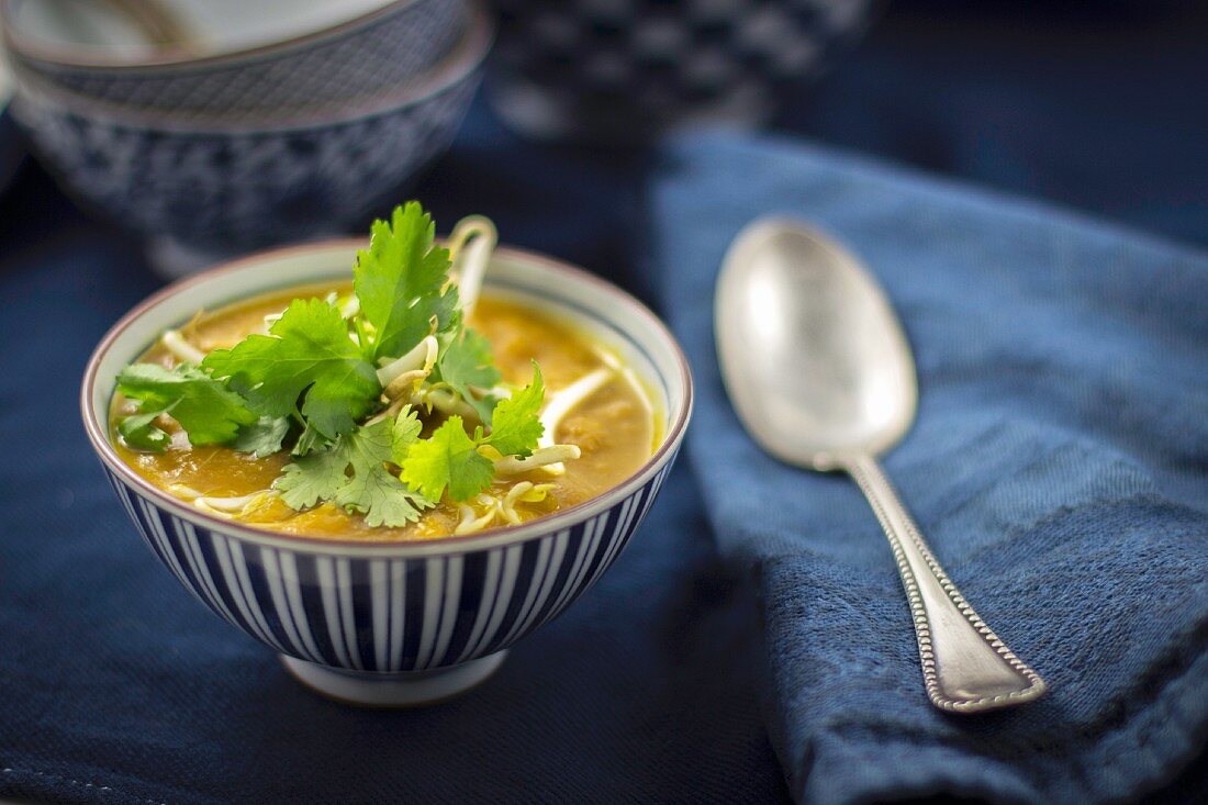 Asian soup with bean sprouts and coriander
