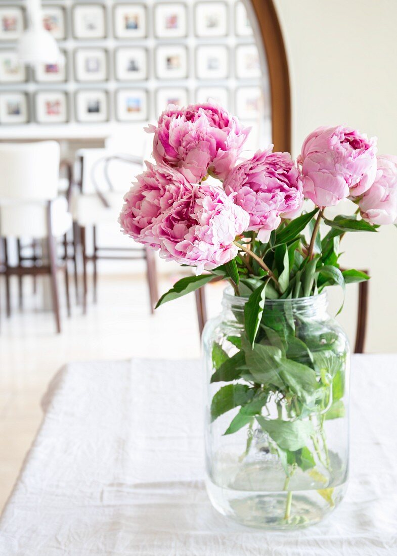 Rosa Pfingstrosen im Glas