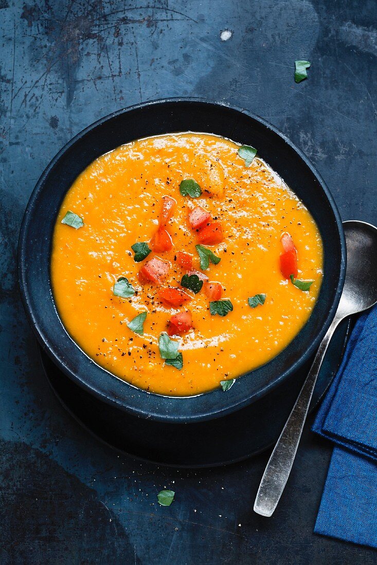 Sweet potato soup with pepper cubes