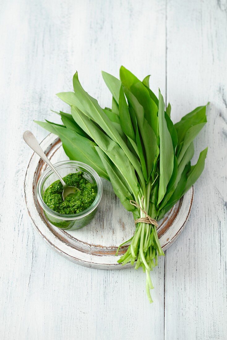 Bärlauchpesto im Gläschen, daneben ein Bund frische Bärlauchblätter