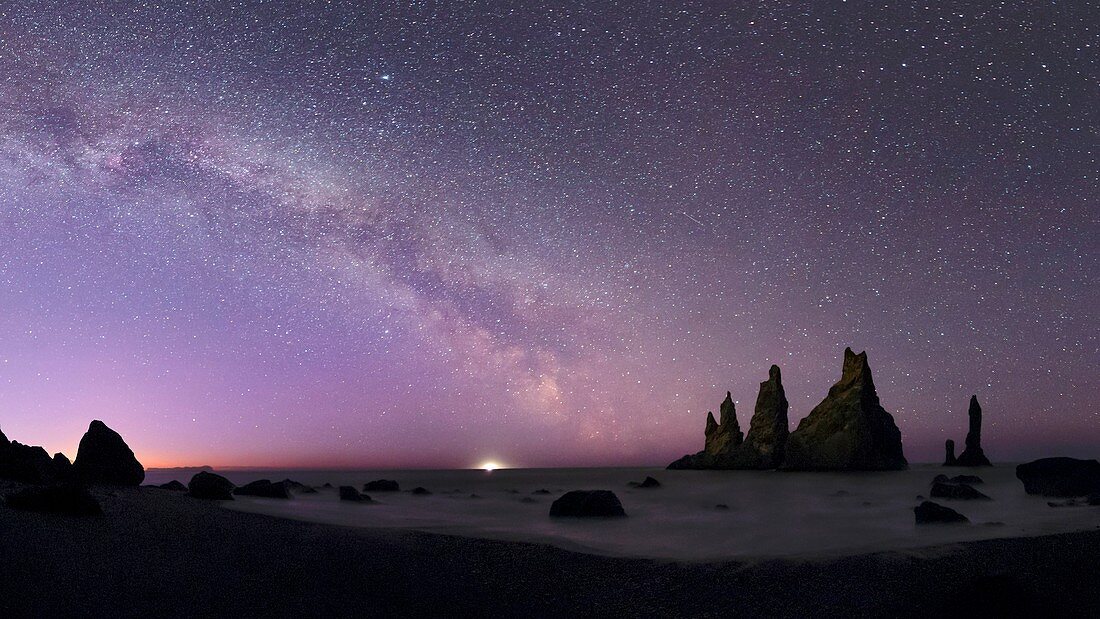 Milky Way over sea stacks, Iceland