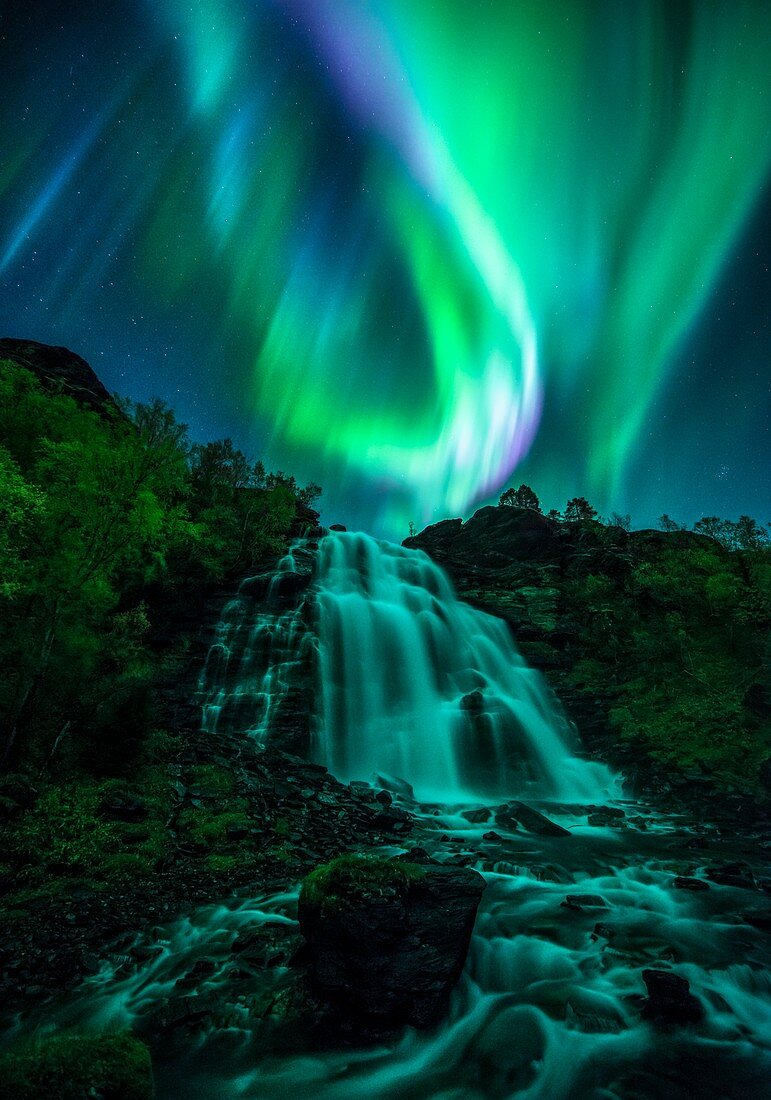 Aurora borealis over a waterfall