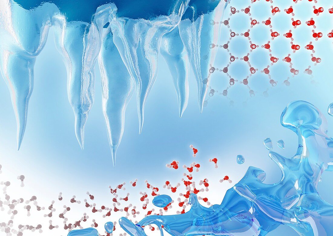 Water and ice molecular structure, illustration