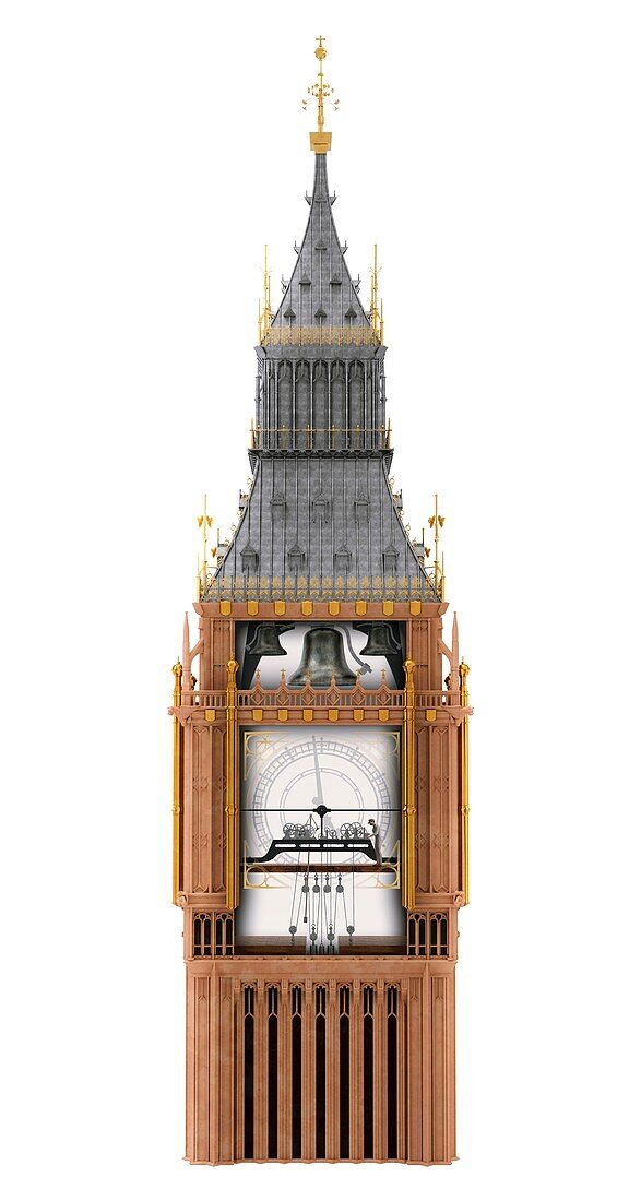 Big Ben clock tower and mechanism, illustration