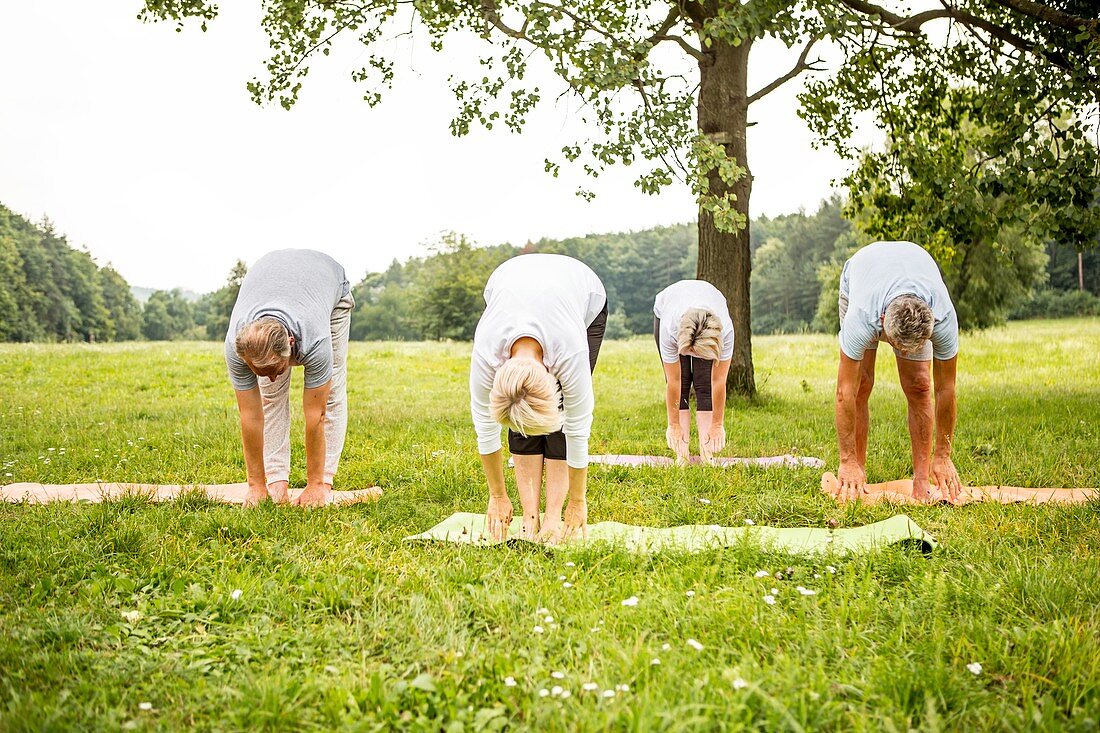 Four people doing yoga in field