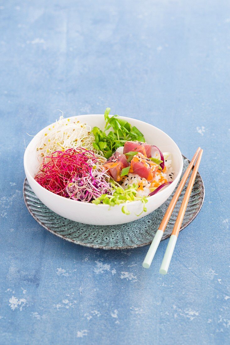 A Poke bowl with sprouts and tuna