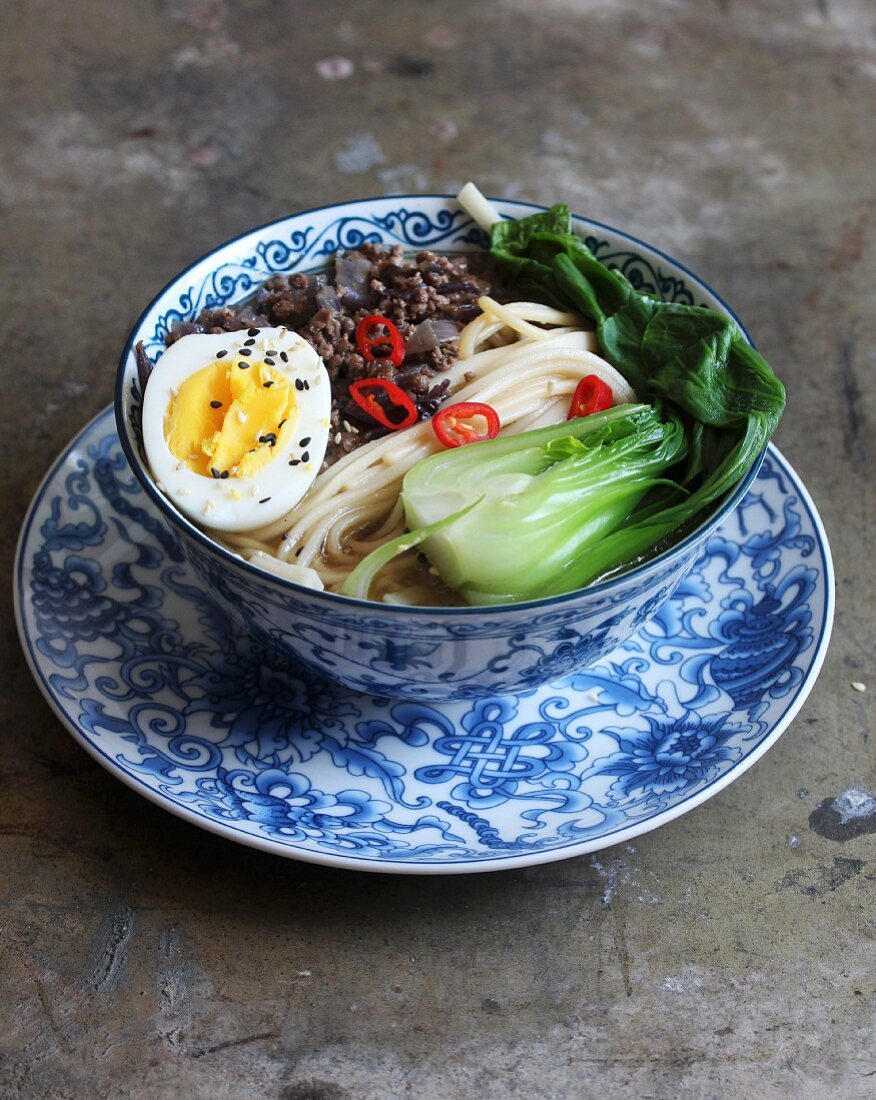 Szechuan Udon noodle soup with meat, a boiled egg, and Chinese cabbage (Japan)