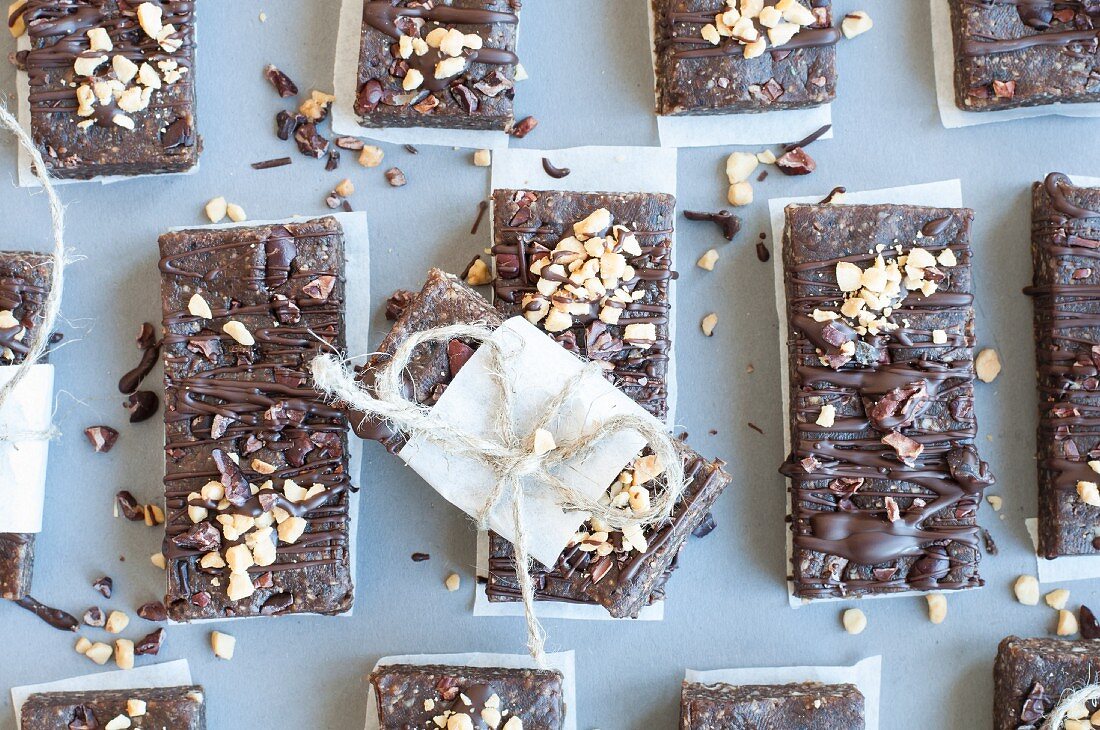 Raw protein bars with chocolate and hazelnuts