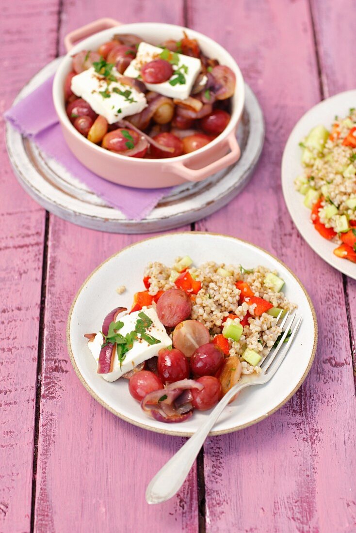 Barley with baked grapes, feta, and red onion