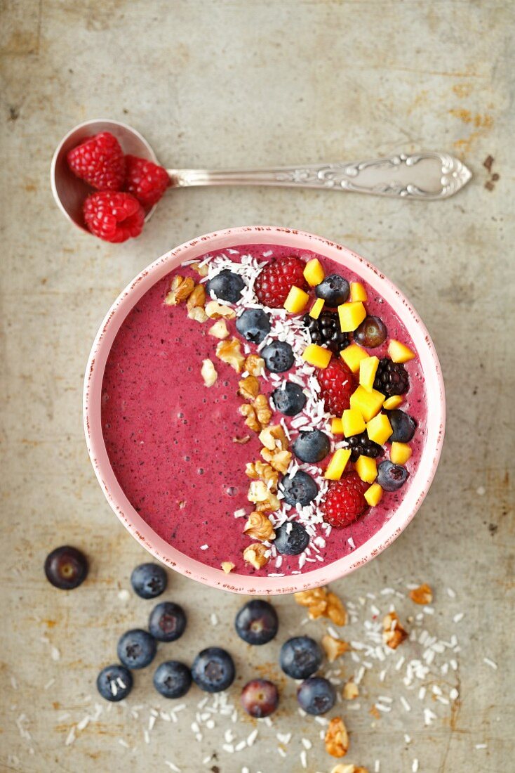 A blueberry smoothie bowl with coconut