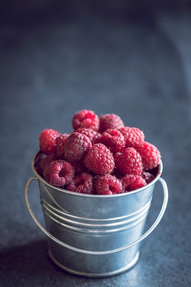 A small metal bucket of freshly picked raspberries
