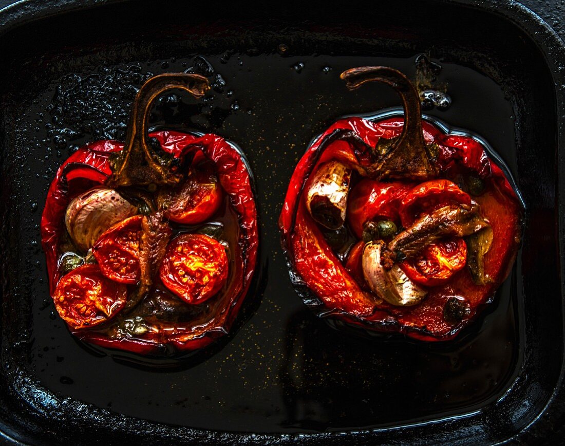 Stuffed peppers on a baking tray