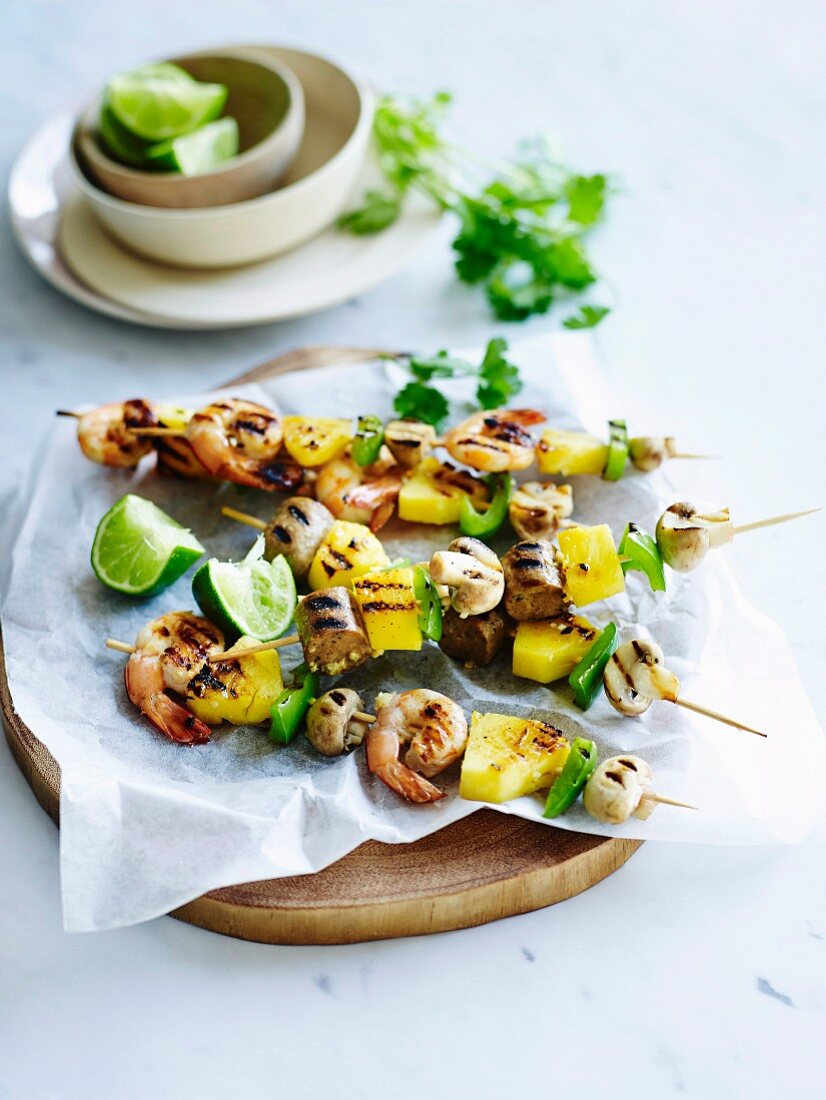 BBQ pineapple kebabs with sausage and shrimp
