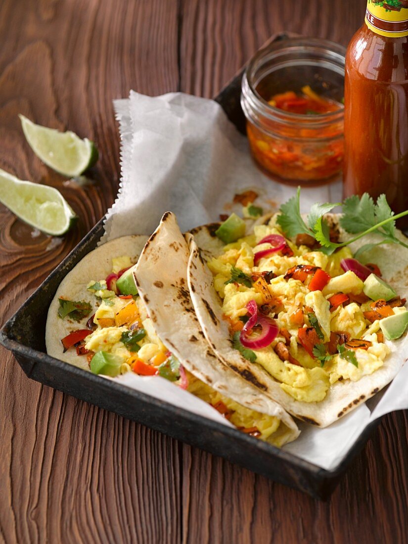 Mexican scrambled eggs on tortillas