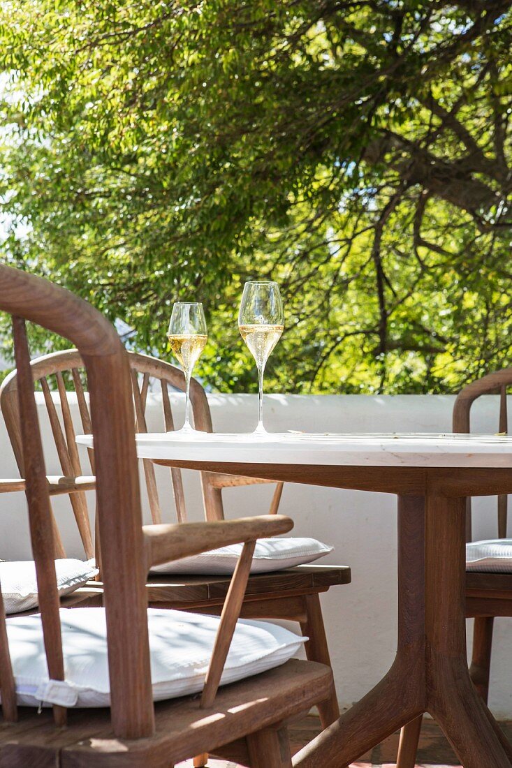 Two glasses of Champagne on garden table below tree