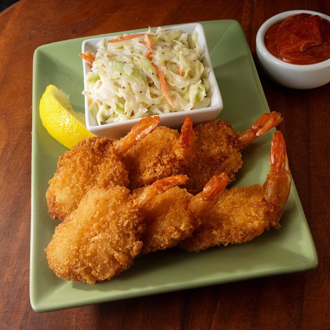 Six fryed shrimp with cole slaw and seafood sauce