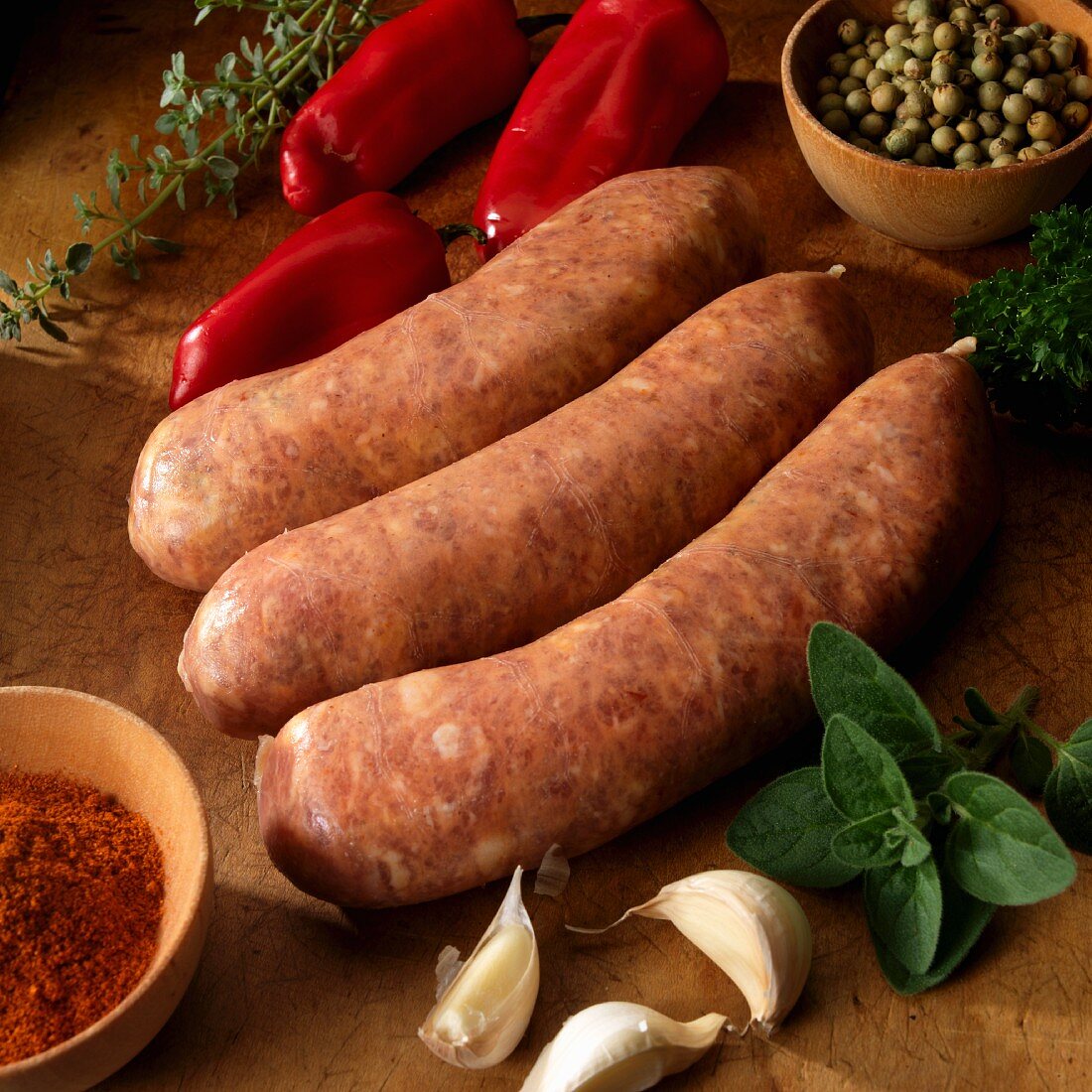 Spicy pork sausage with peppers, garlic, herbs and spices