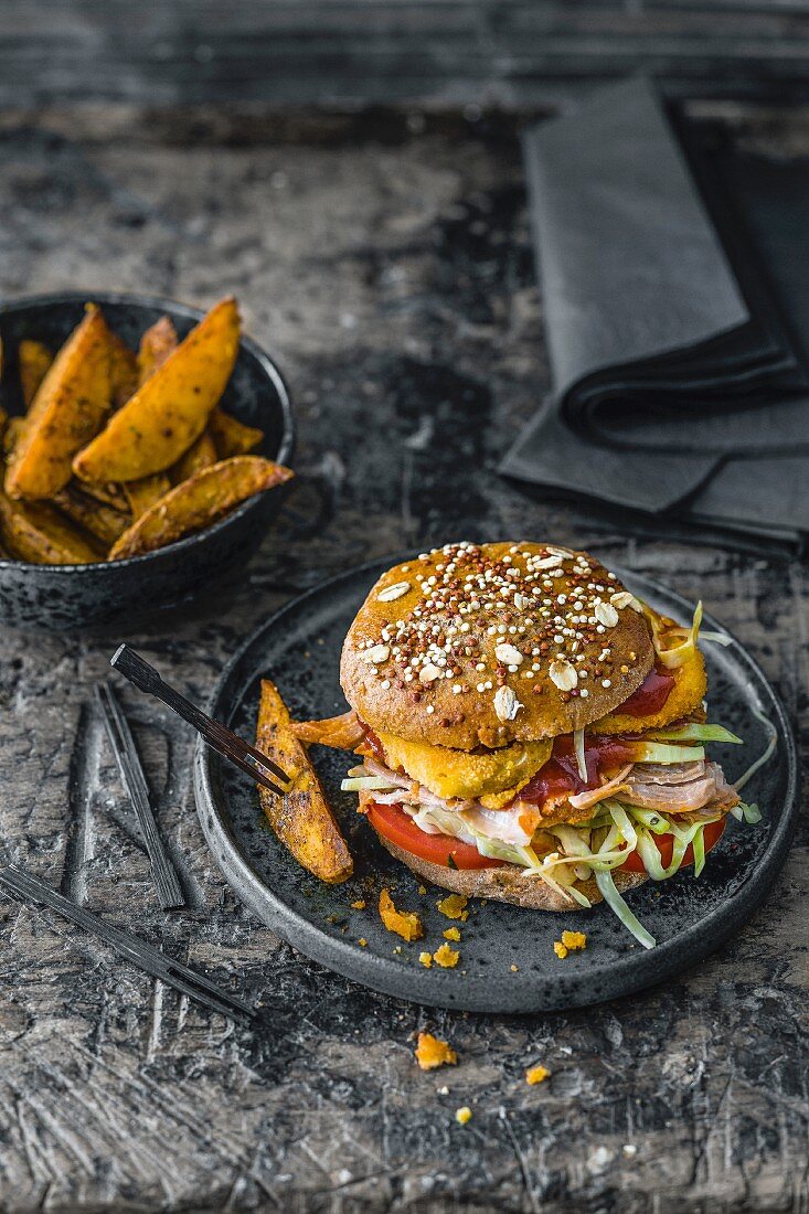 A sandwich with pulled pork, fried onion rings, and coleslaw