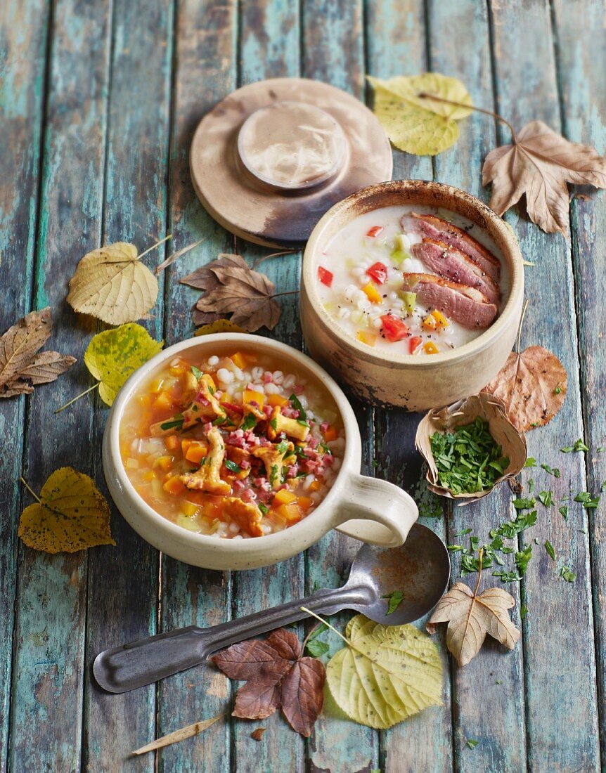 Graupensuppe mit Pfifferlingen und mit Entenbrust