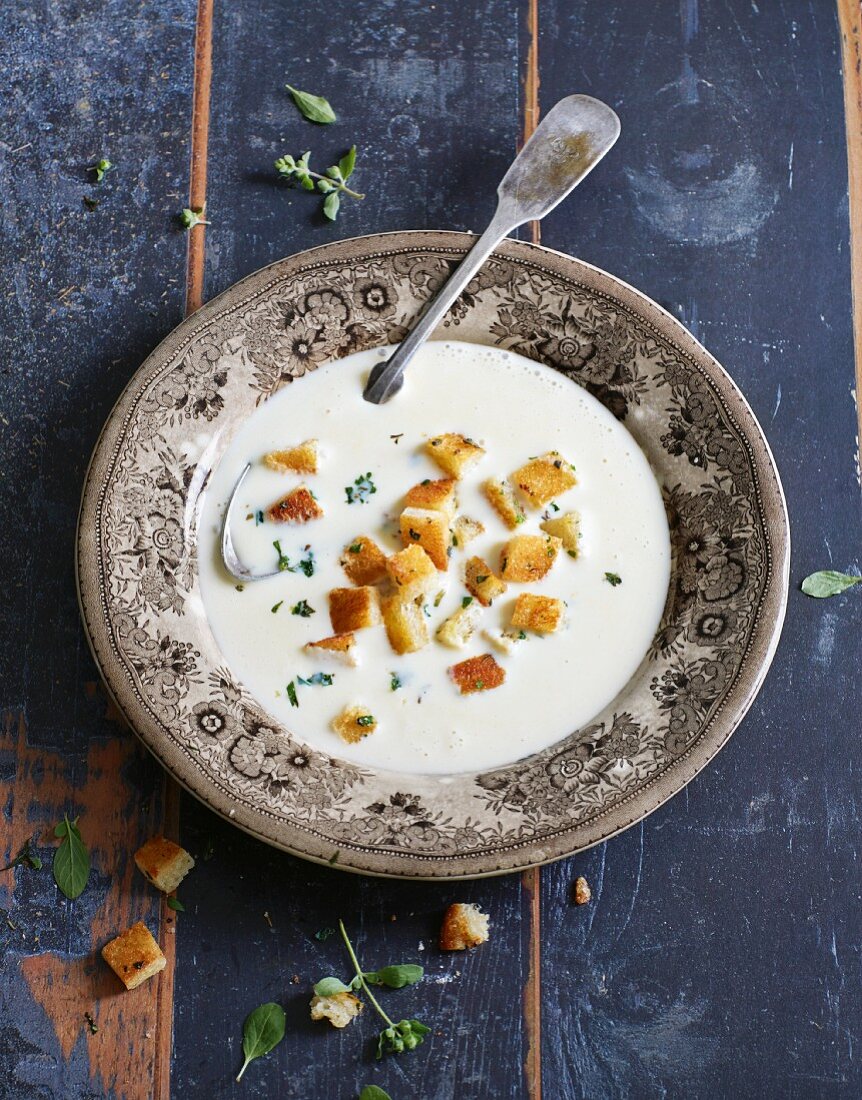 Cheese soup with herb croutons