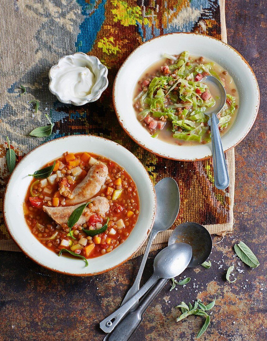 Lentil soup with salsicce and with savoy cabbage