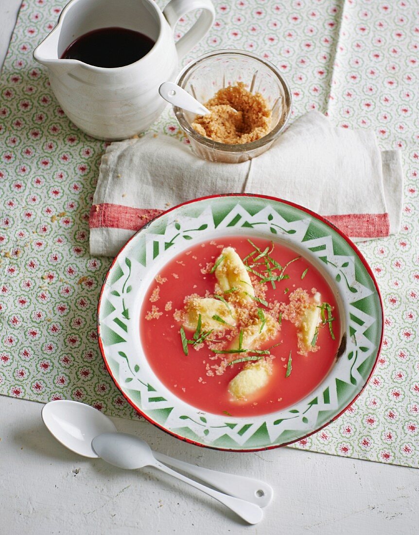 Rhubarb soup with quark quenelles