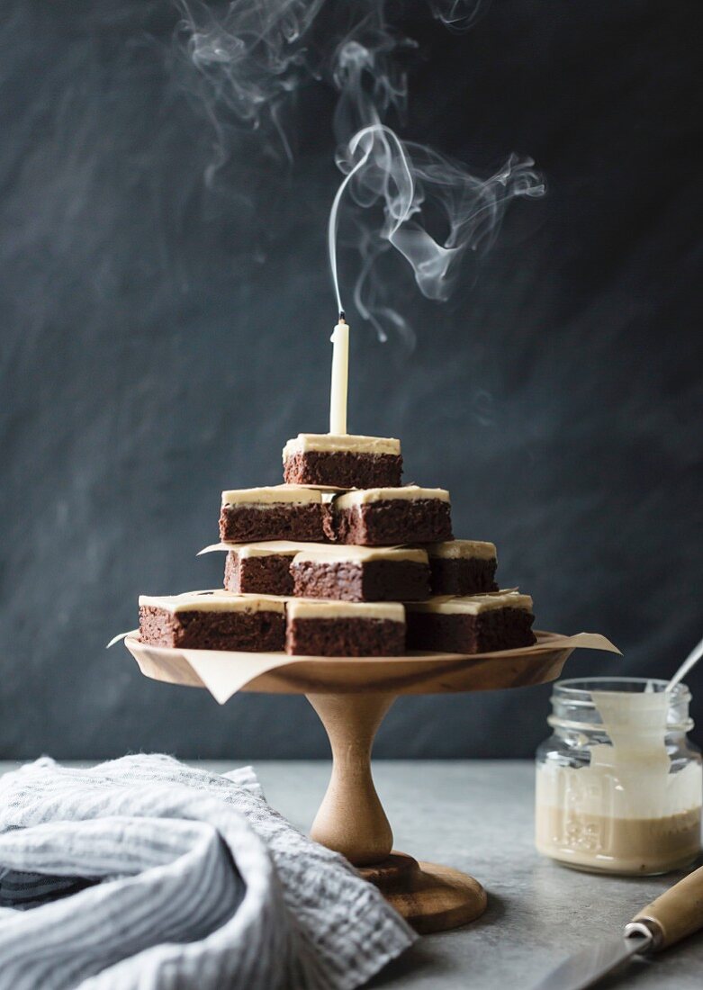 A tahini frosting on top of gluten free chocolate brownies