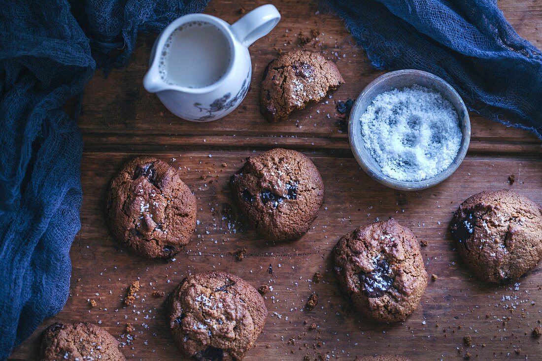 Coconut flour chocolate chip cookies on a rustic wooden table