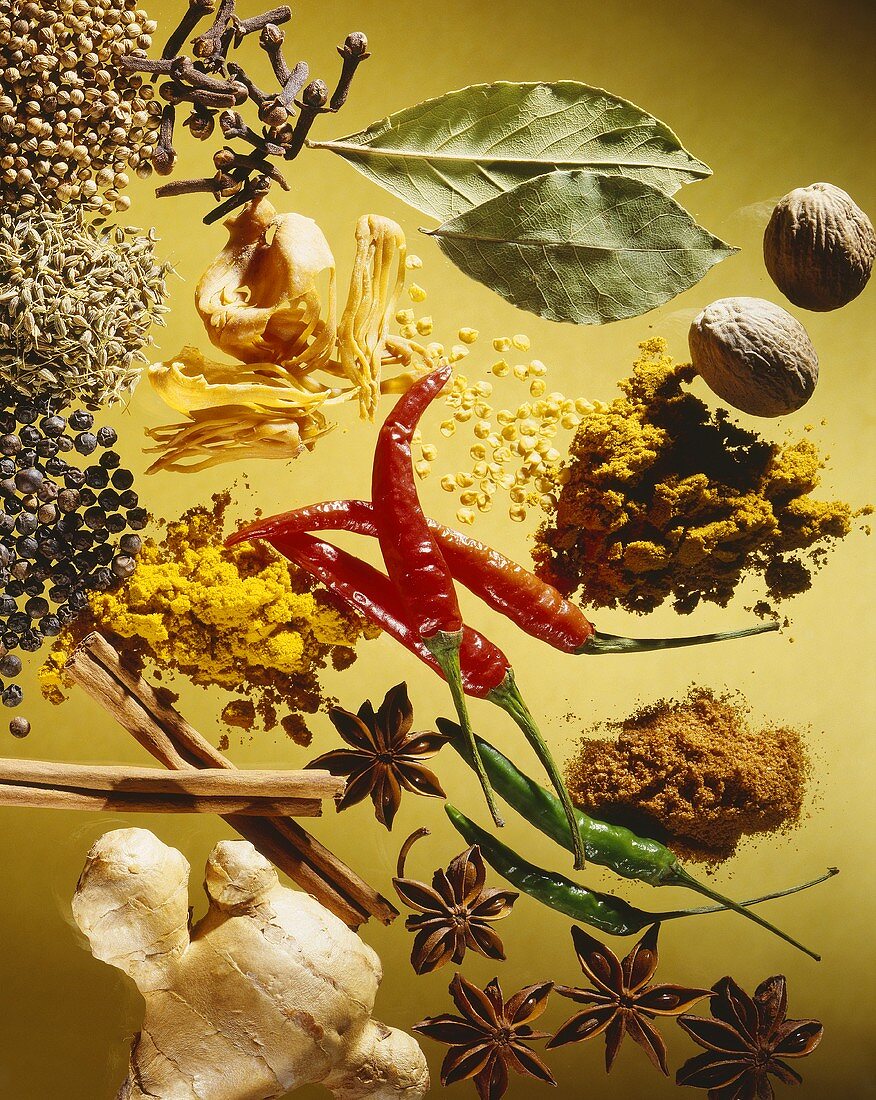 Assorted Exotic Spices on Yellow Background