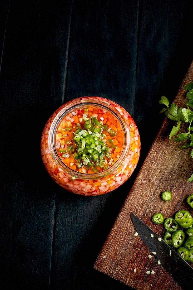 Prep for Quick Pickled Veggies on a black wooded background