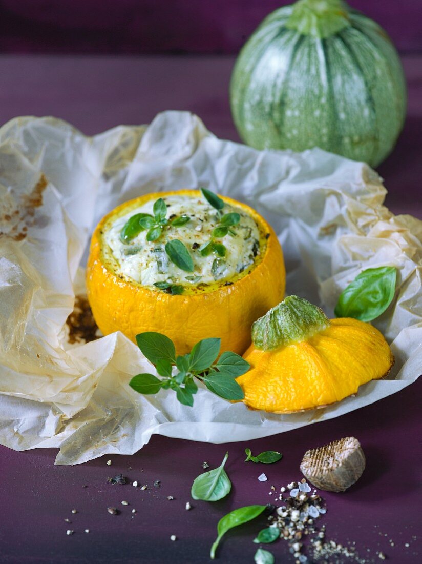 A yellow zucchini filled with sheep's cheese