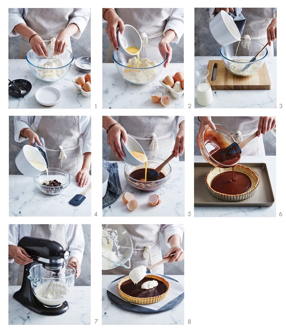 Preparing chocolate ganache tart with white chocolate cream