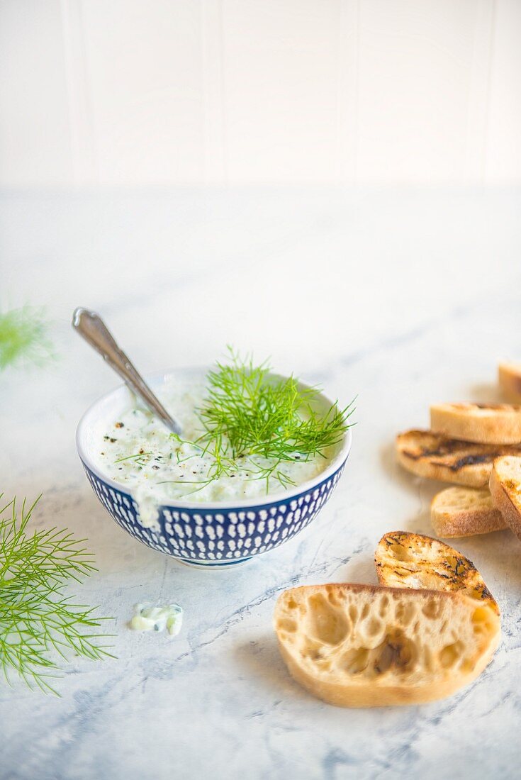 Cucumber and yoghurt tzaziki with grilled ciabatta