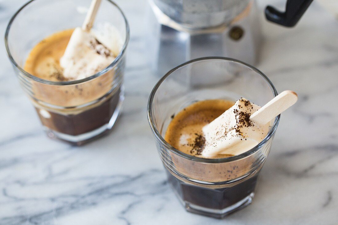 Espresso with vanilla ice cream on sticks