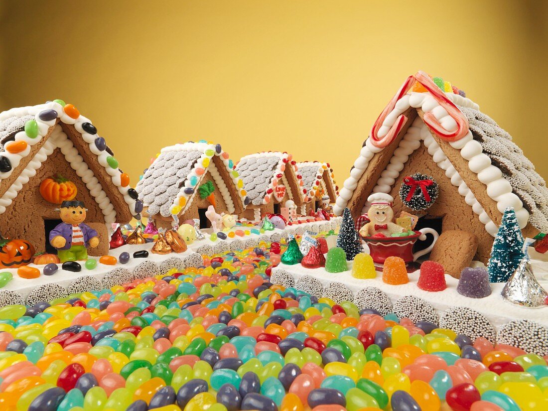 Several gingerbread houses decorated with sweets, and streets made from Jelly Beans