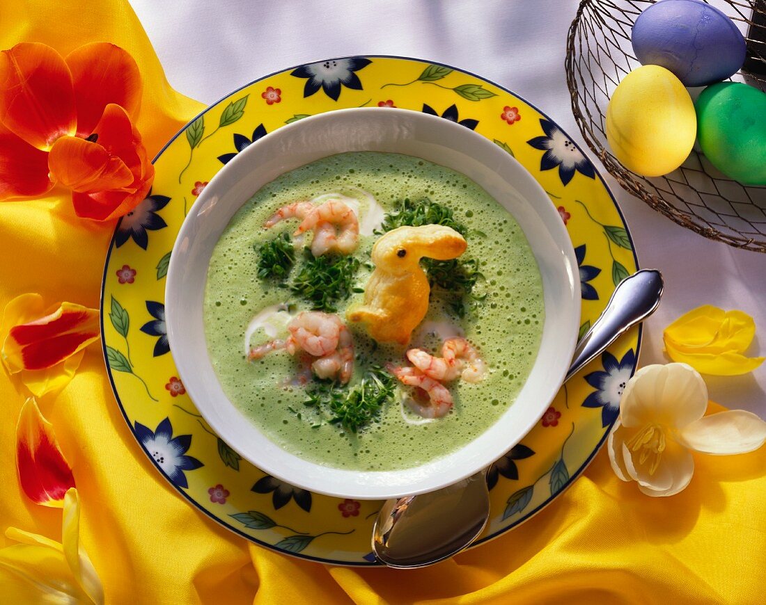Cress Foam Soup with Shrimp and Pastry Bunny