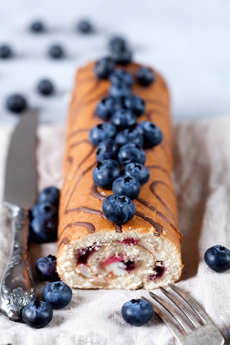 Biscuit roulade with blueberries and vanilla cream