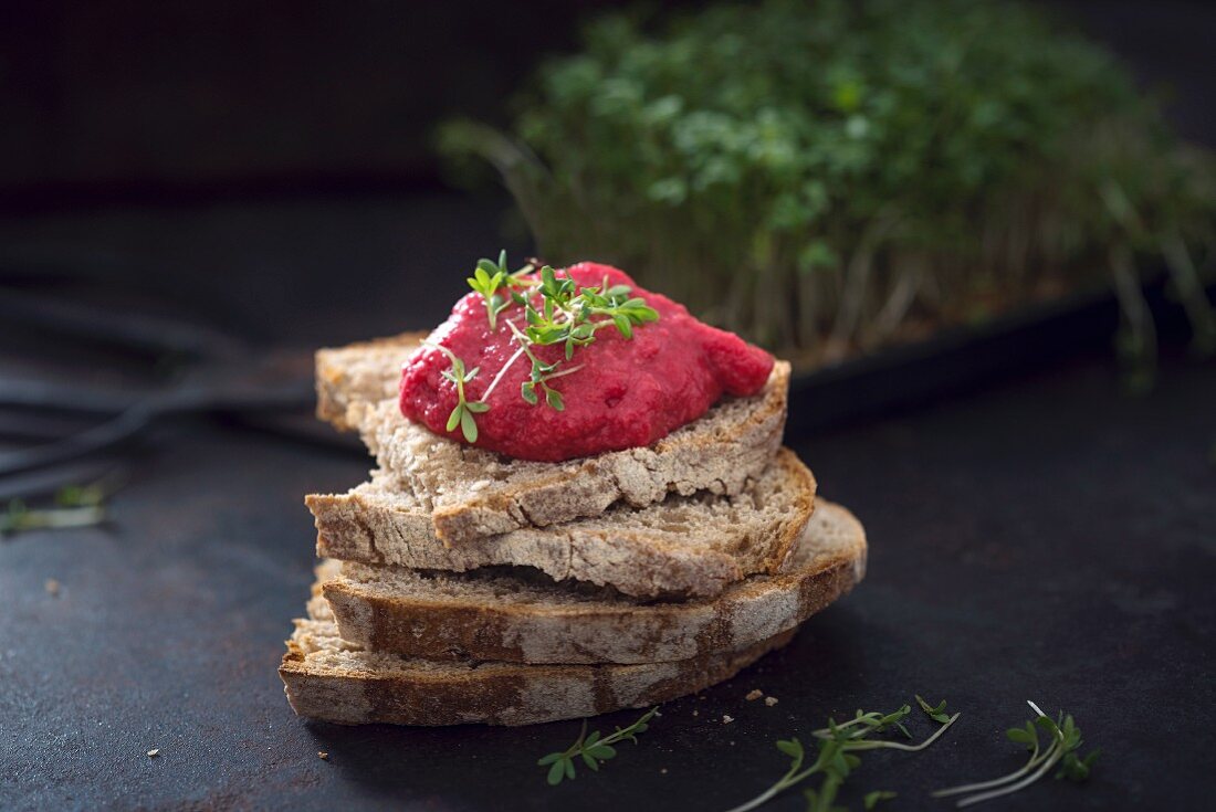 Bread topped with vegan beetroot spread and fresh cress